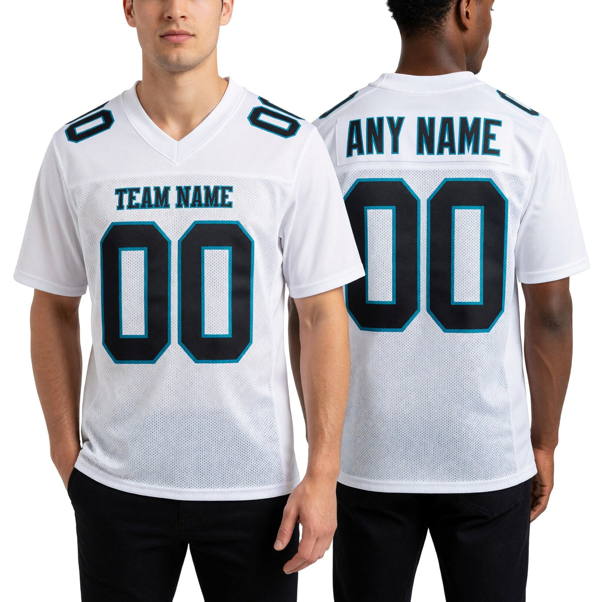 Custom White Black-Teal Mesh Authentic Football Jersey worn front and back