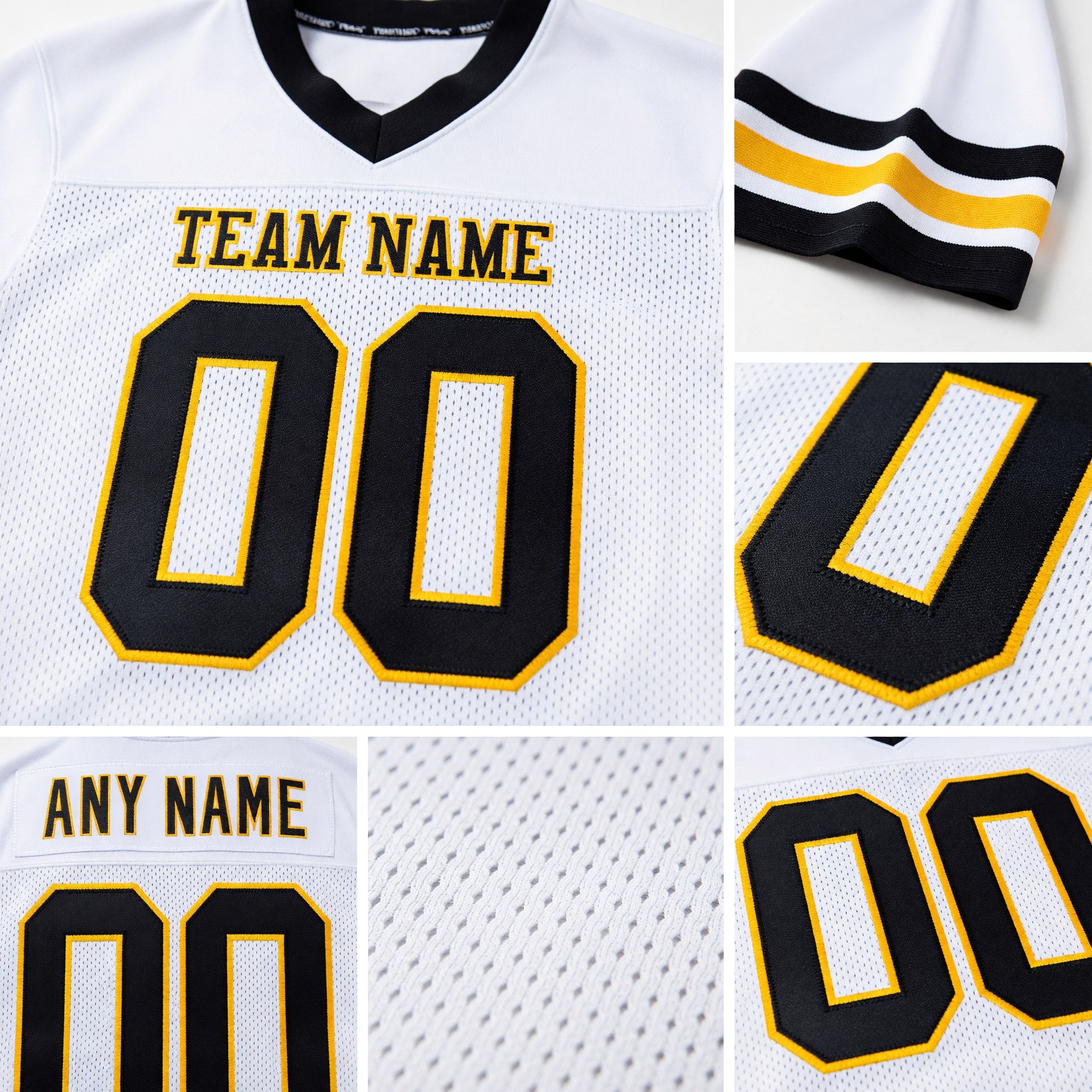 Custom White Black-Gold Mesh Authentic Football Jersey detail