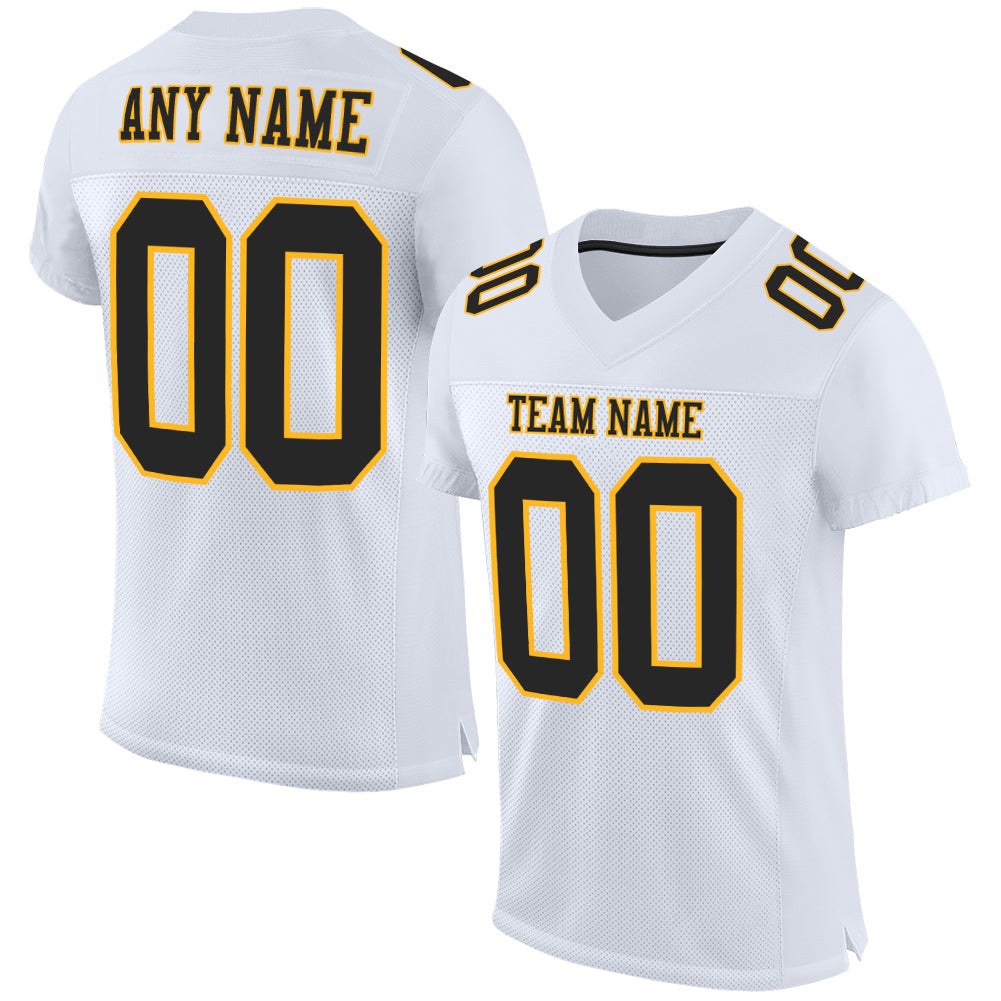 Custom White Black-Gold Mesh Authentic Football Jersey photo 1