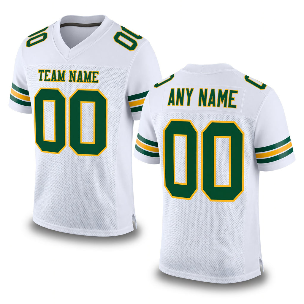 Custom White Green-Gold Mesh Authentic Football Jersey