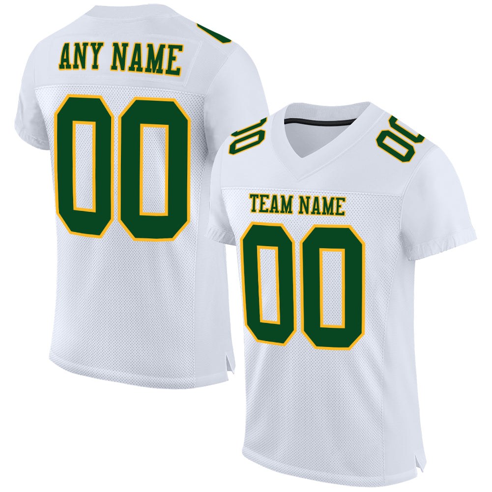 Custom White Green-Gold Mesh Authentic Football Jersey photo 1