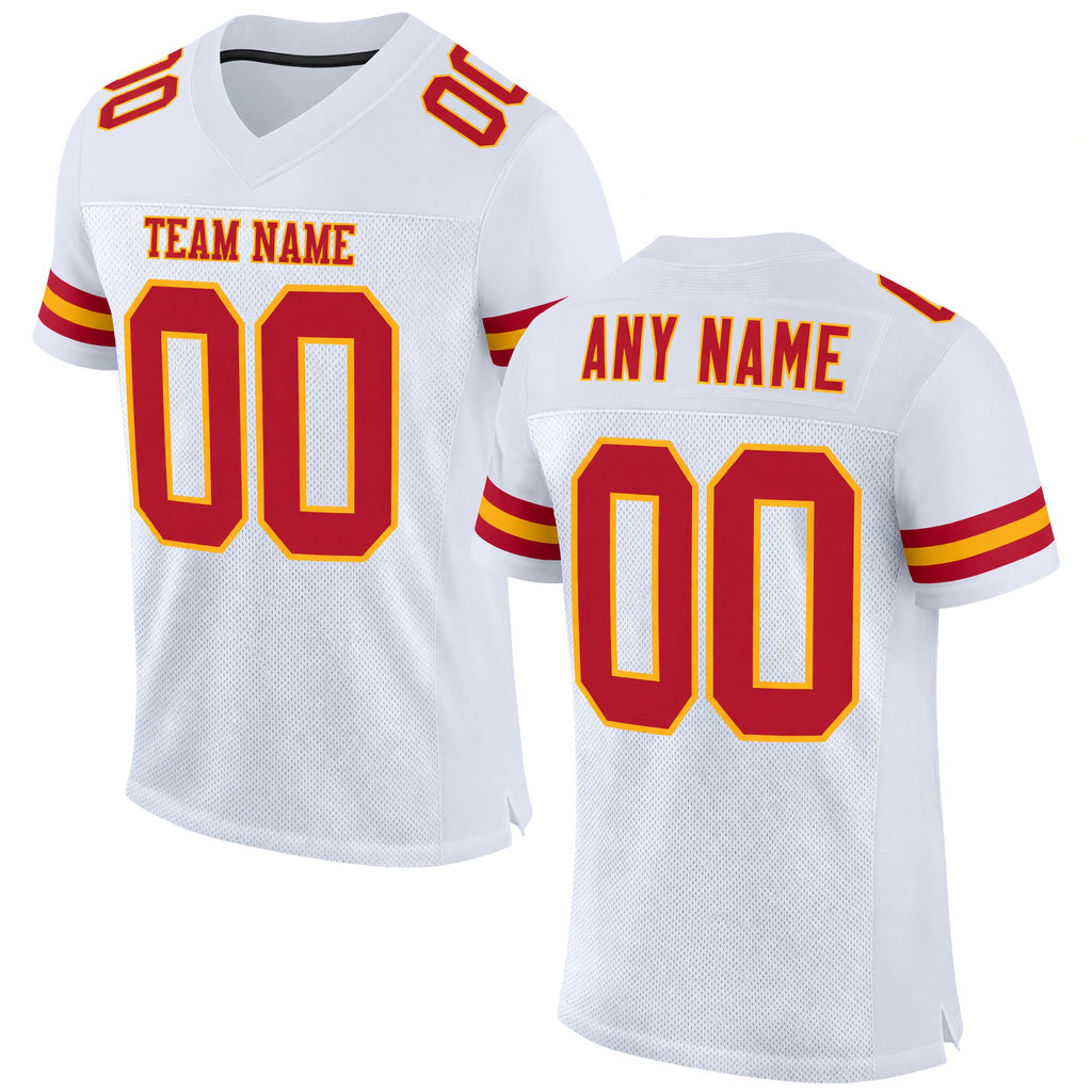 Custom White Red-Gold Mesh Authentic Football Jersey