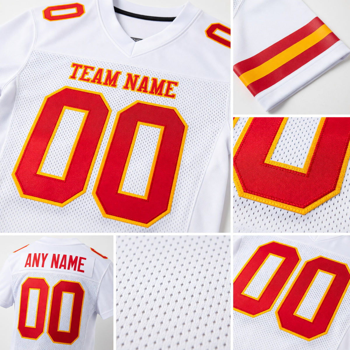 Custom White Red-Gold Mesh Authentic Football Jersey detail