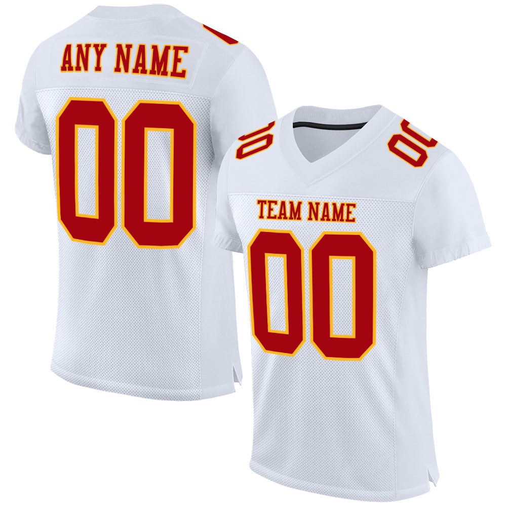 Custom White Red-Gold Mesh Authentic Football Jersey photo 1