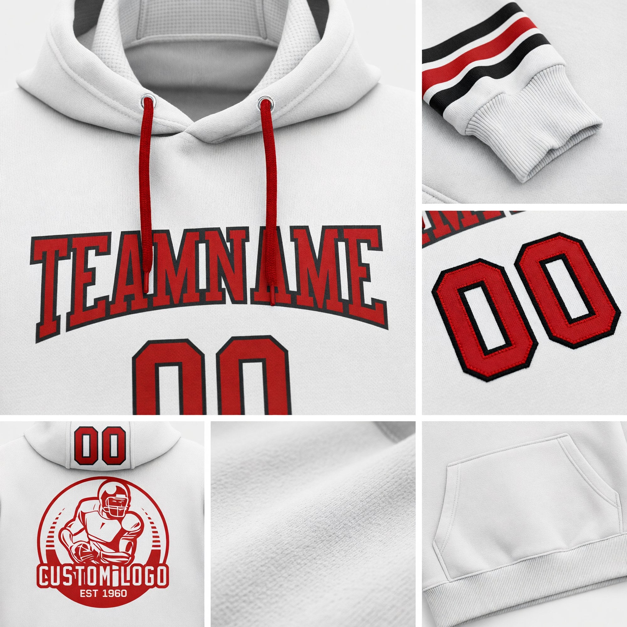 Custom Stitched White Red-Black Football Pullover Sweatshirt Hoodie detail