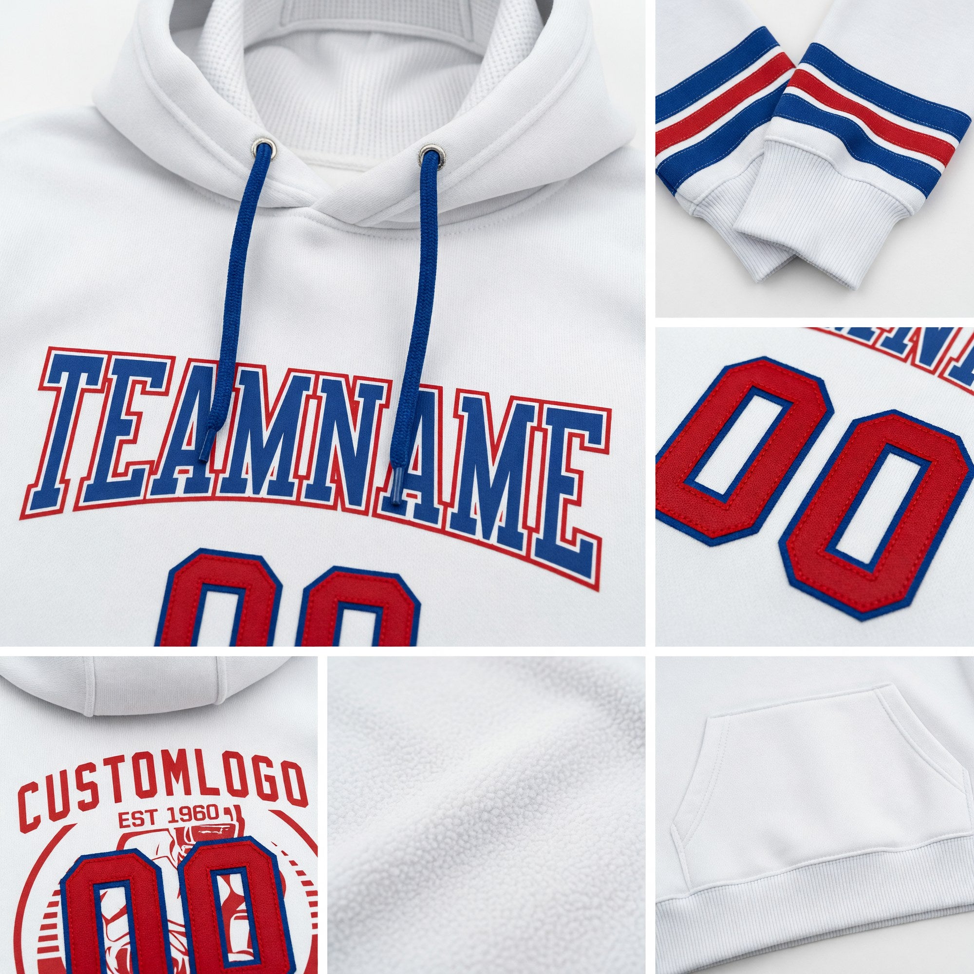 Custom Stitched White Red-Royal Football Pullover Sweatshirt Hoodie detail