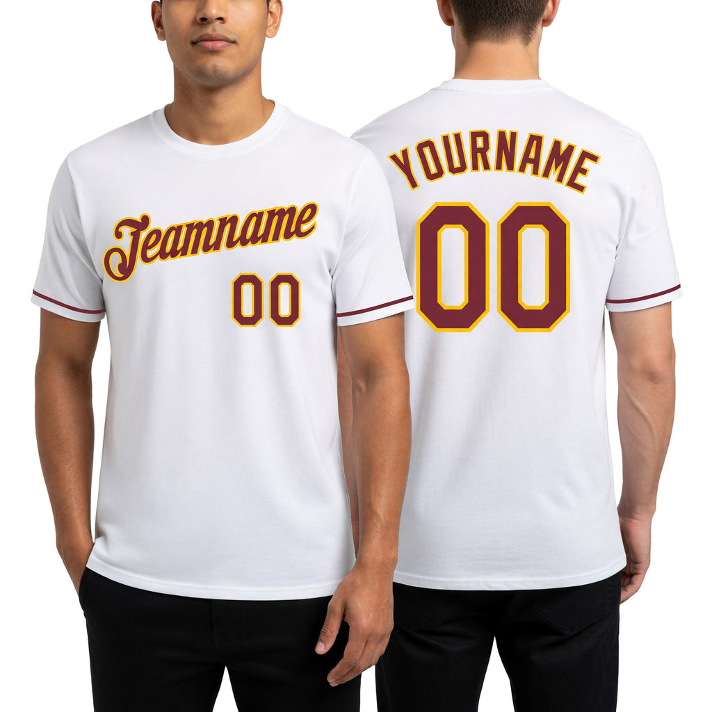 Custom White Burgundy-Gold Performance T-Shirt worn front and back