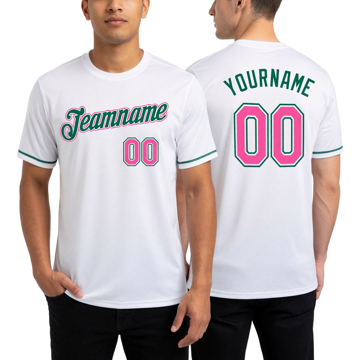 Custom White Pink-Kelly Green Performance T-Shirt worn front and back