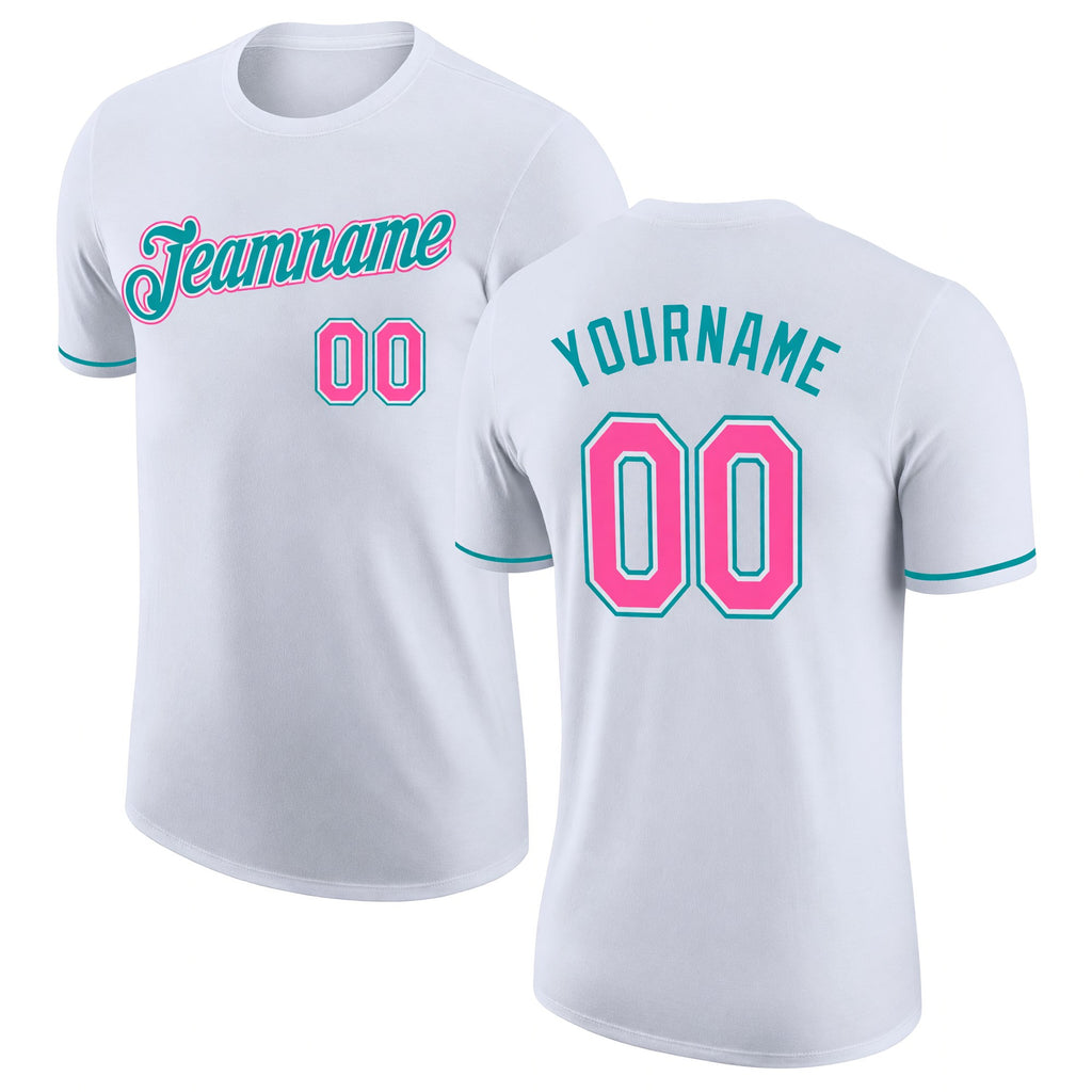Custom White Pink-Teal Performance T-Shirt