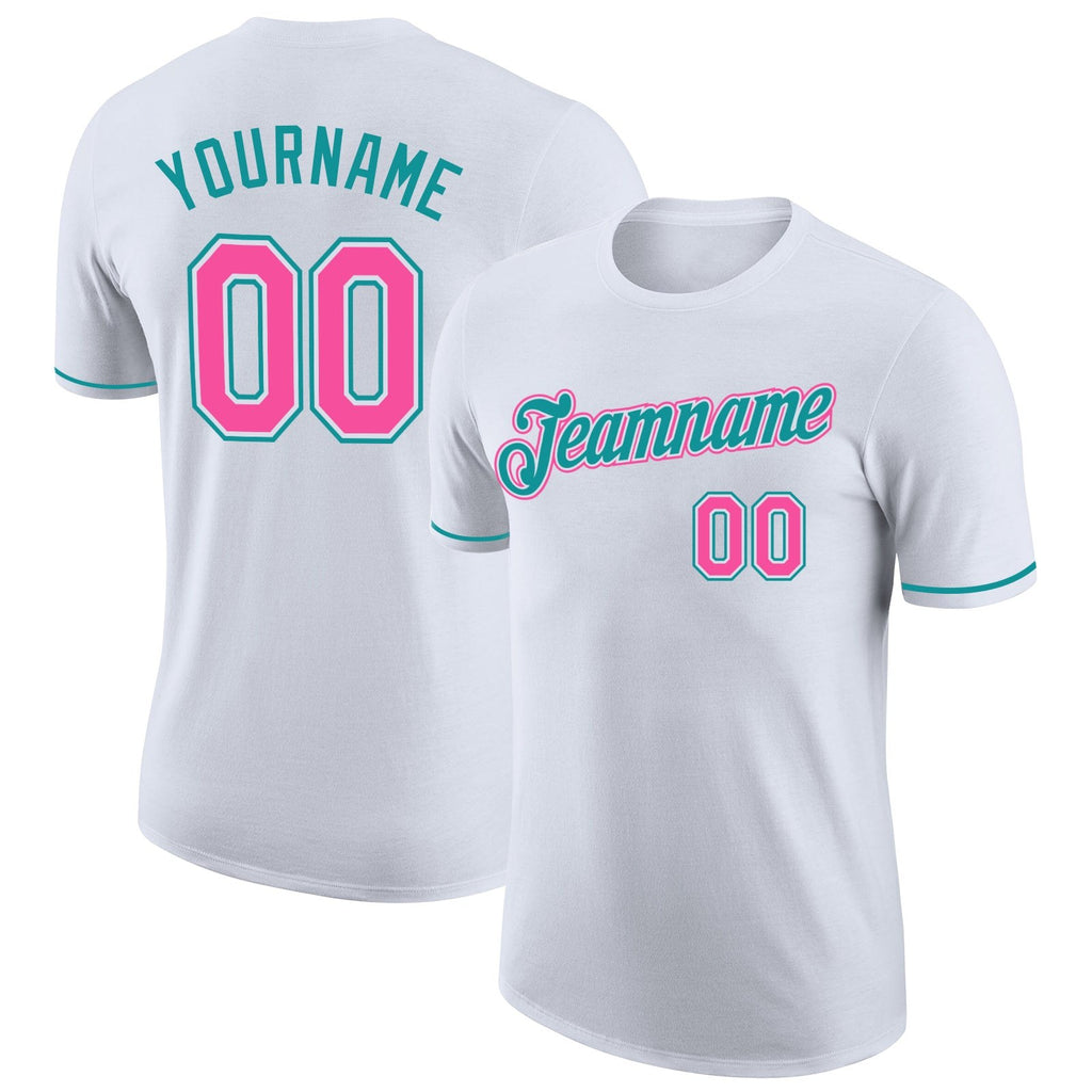Custom White Pink-Teal Performance T-Shirt photo 1