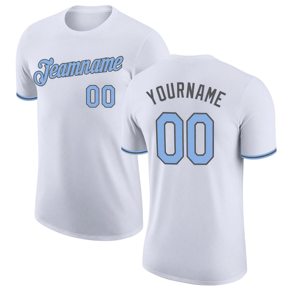 Custom White Light Blue-Steel Gray Performance T-Shirt