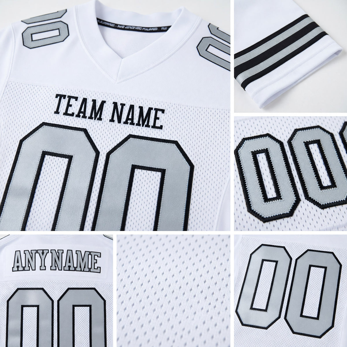 Custom White Silver-Black Mesh Authentic Football Jersey detail