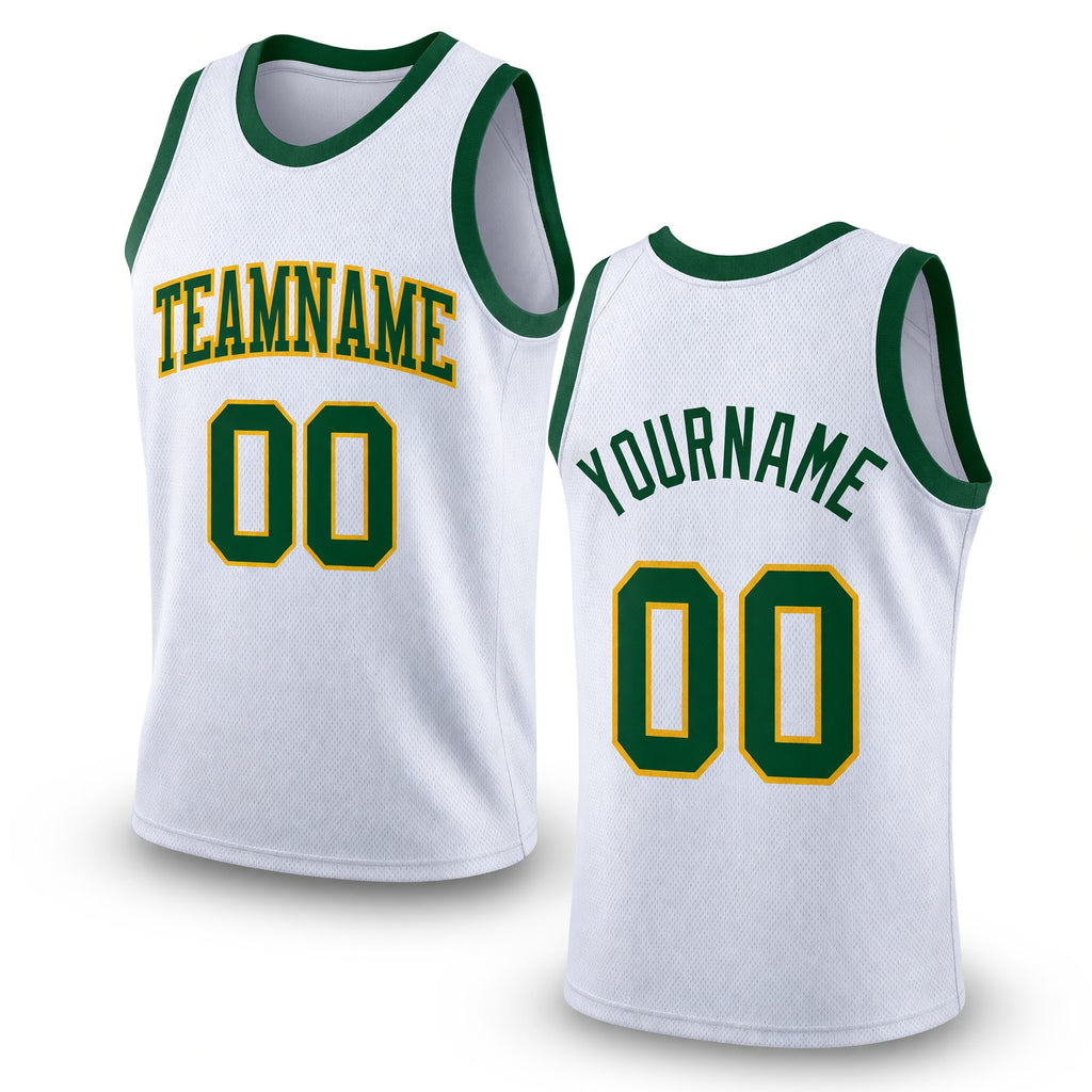 Custom White Green-Gold Authentic Throwback Basketball Jersey