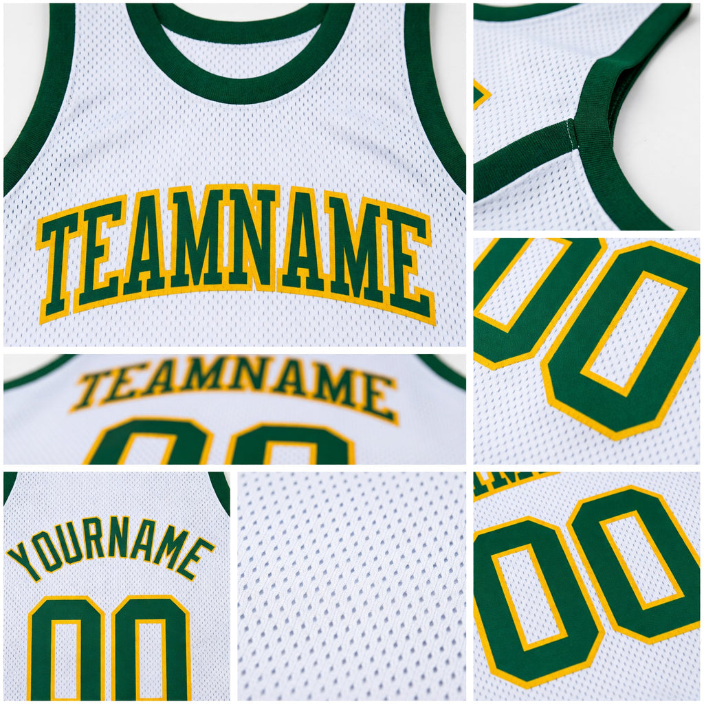 Custom White Green-Gold Authentic Throwback Basketball Jersey detail