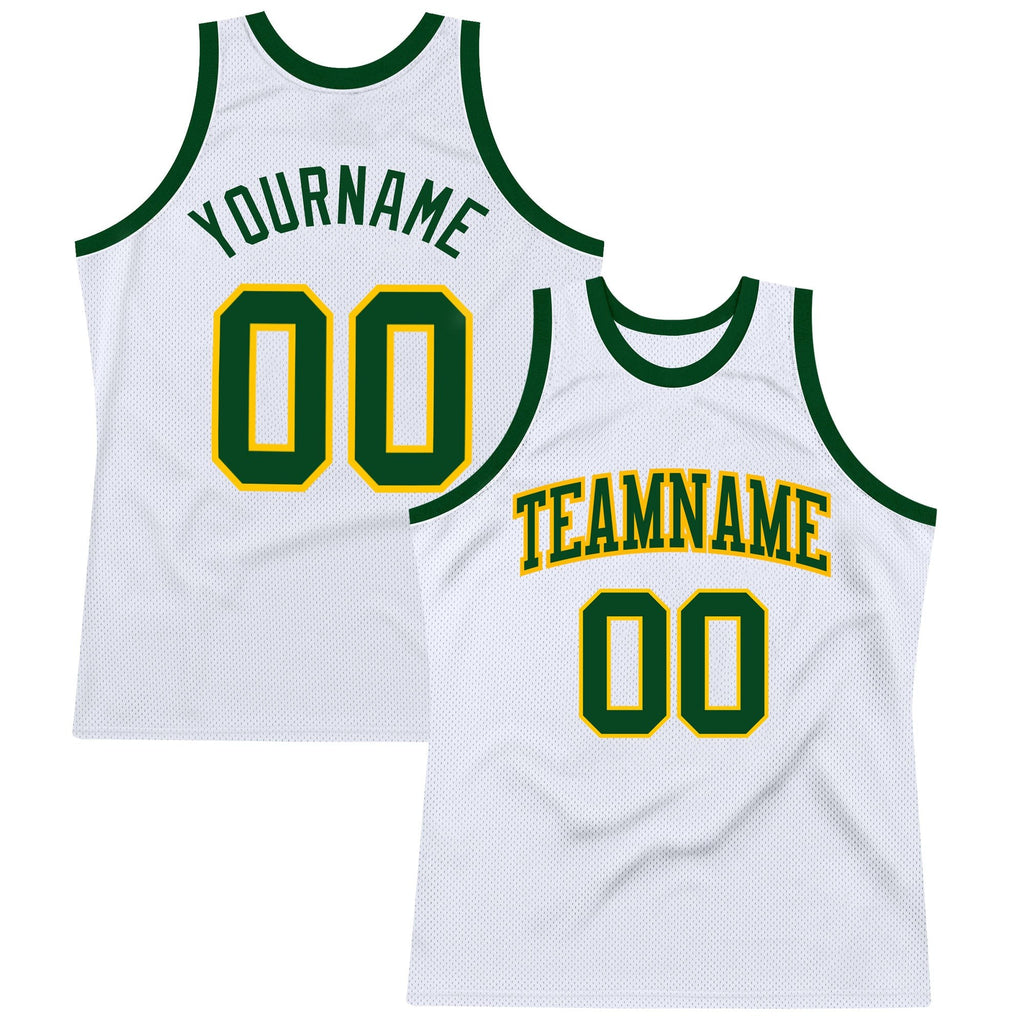 Custom White Green-Gold Authentic Throwback Basketball Jersey photo 1