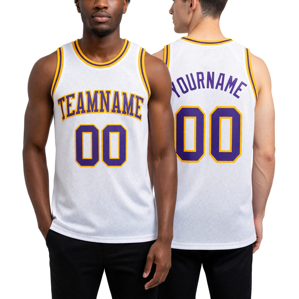 Custom White Purple-Gold Authentic Throwback Basketball Jersey worn front and back