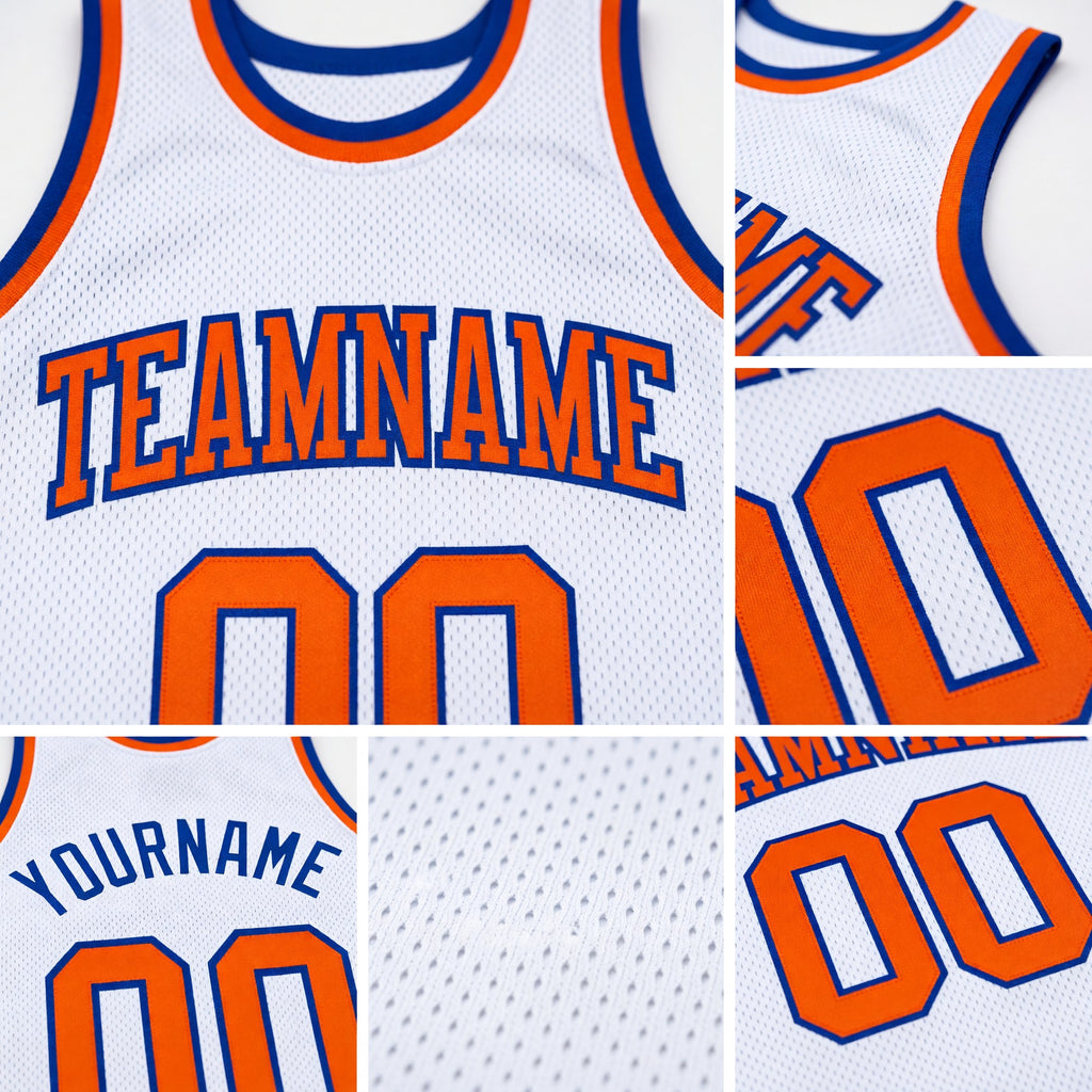 Custom White Orange-Royal Authentic Throwback Basketball Jersey detail