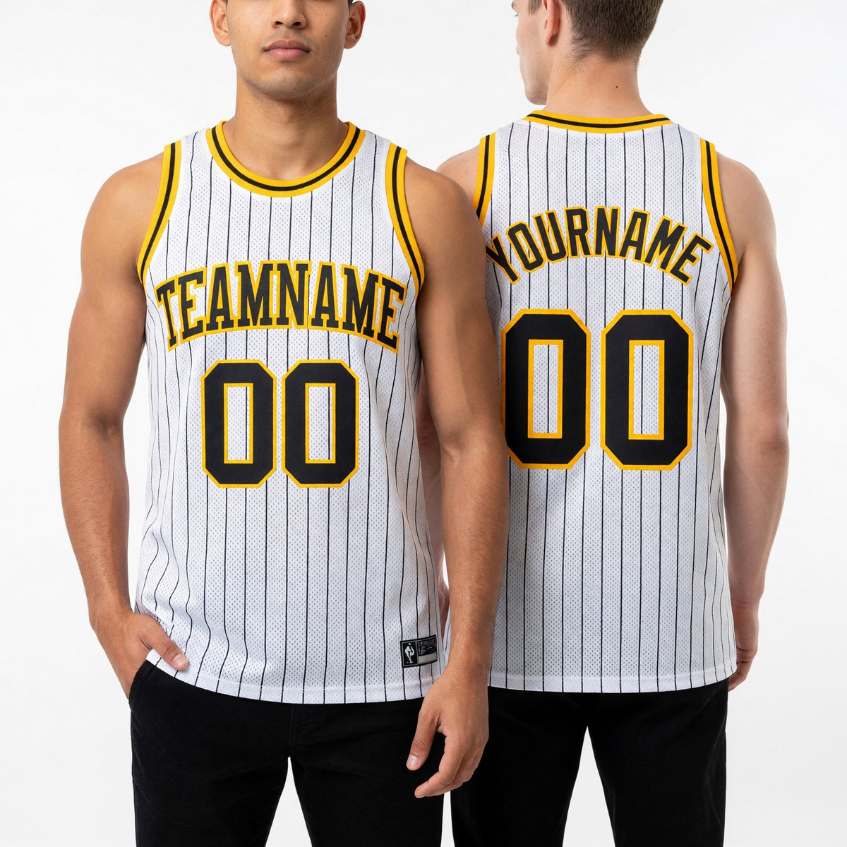Custom White Black Pinstripe Black-Gold Authentic Basketball Jersey worn front and back