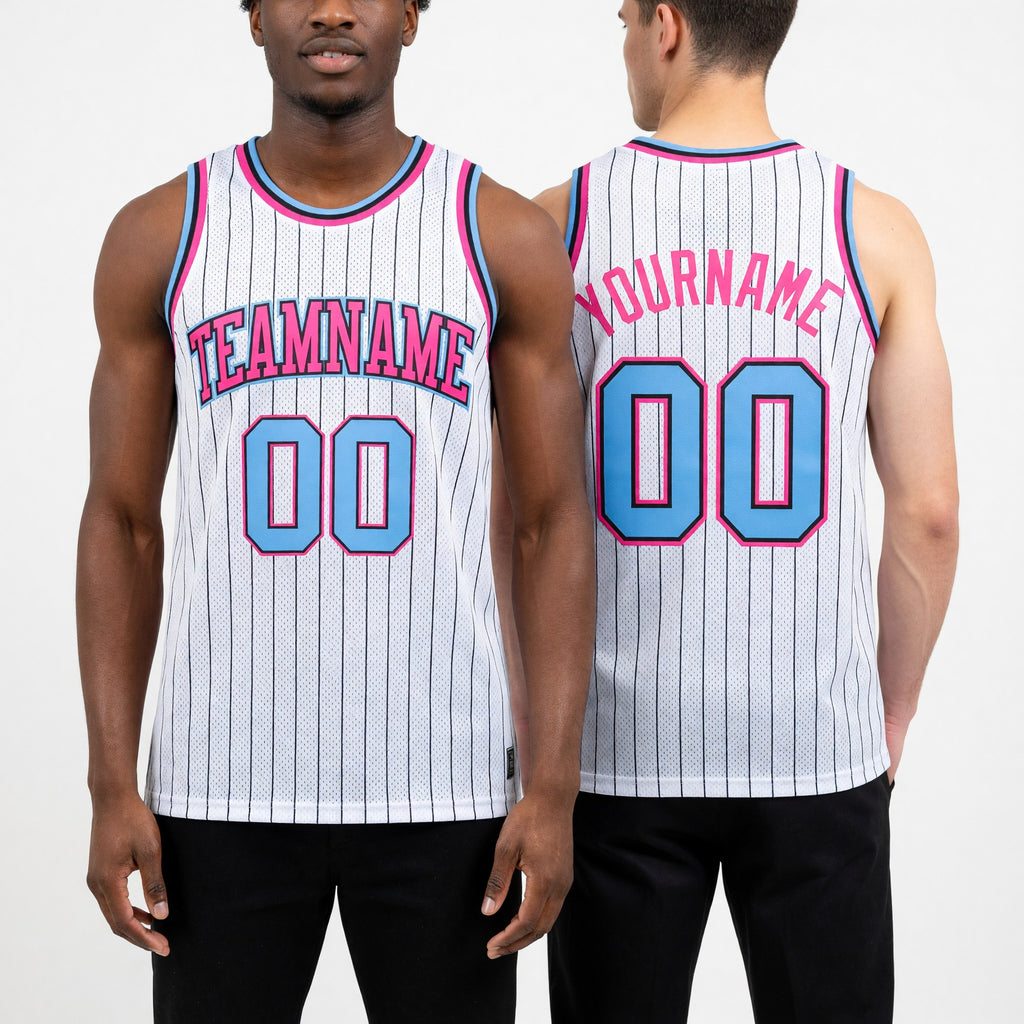 Custom White Black Pinstripe Light Blue-Pink Authentic Basketball Jersey worn front and back