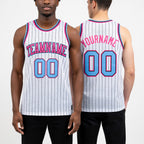 Custom White Black Pinstripe Light Blue-Pink Authentic Basketball Jersey worn front and back