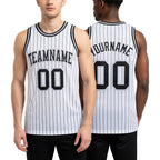 Custom White Black Pinstripe Black-Gray Authentic Basketball Jersey worn front and back