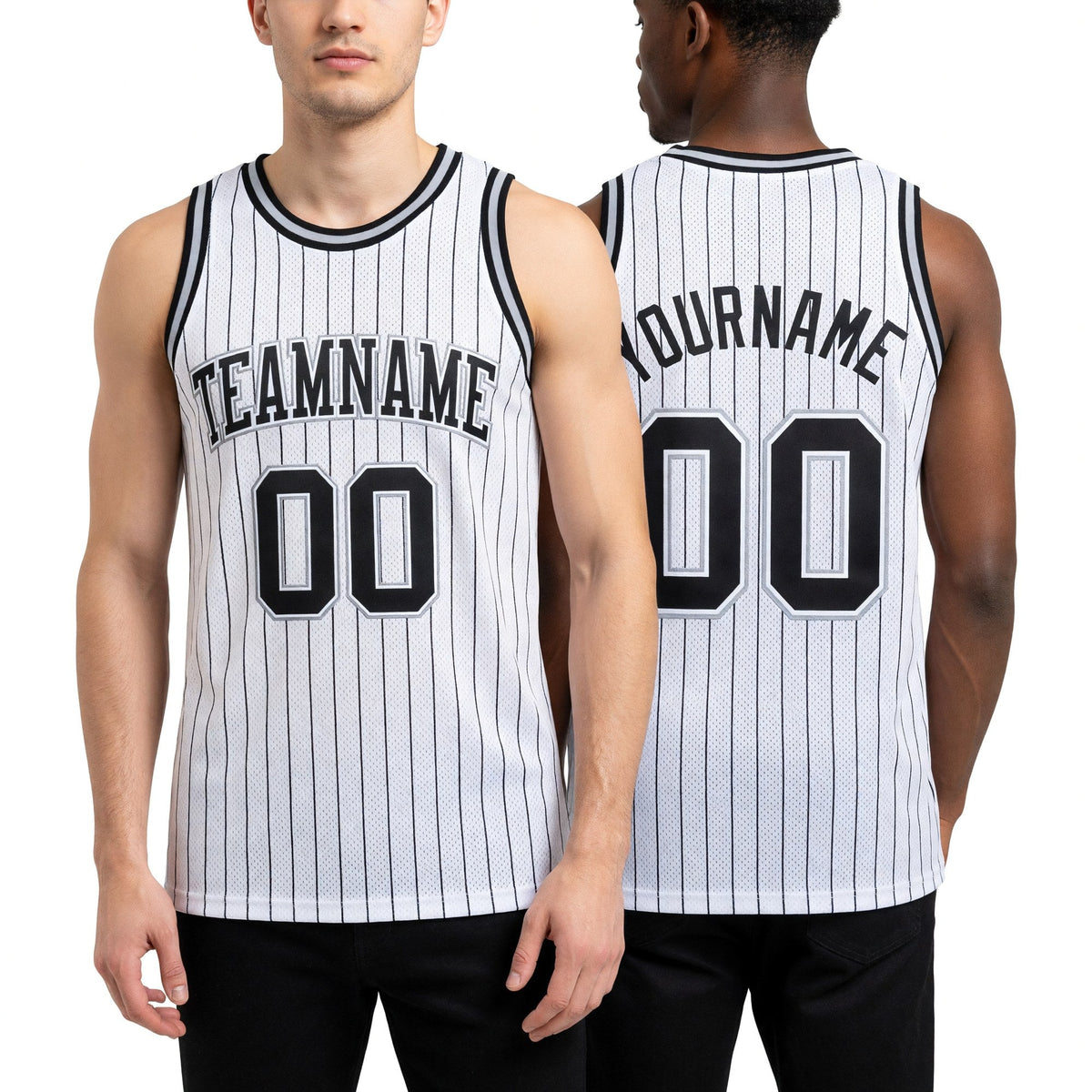 Custom White Black Pinstripe Black-Gray Authentic Basketball Jersey worn front and back