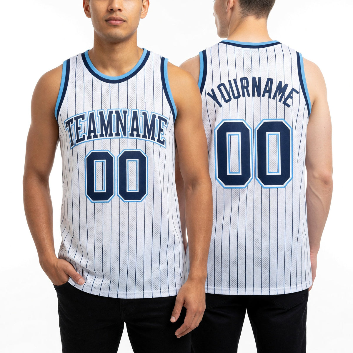 Custom White Navy Pinstripe Navy-Light Blue Authentic Basketball Jersey worn front and back