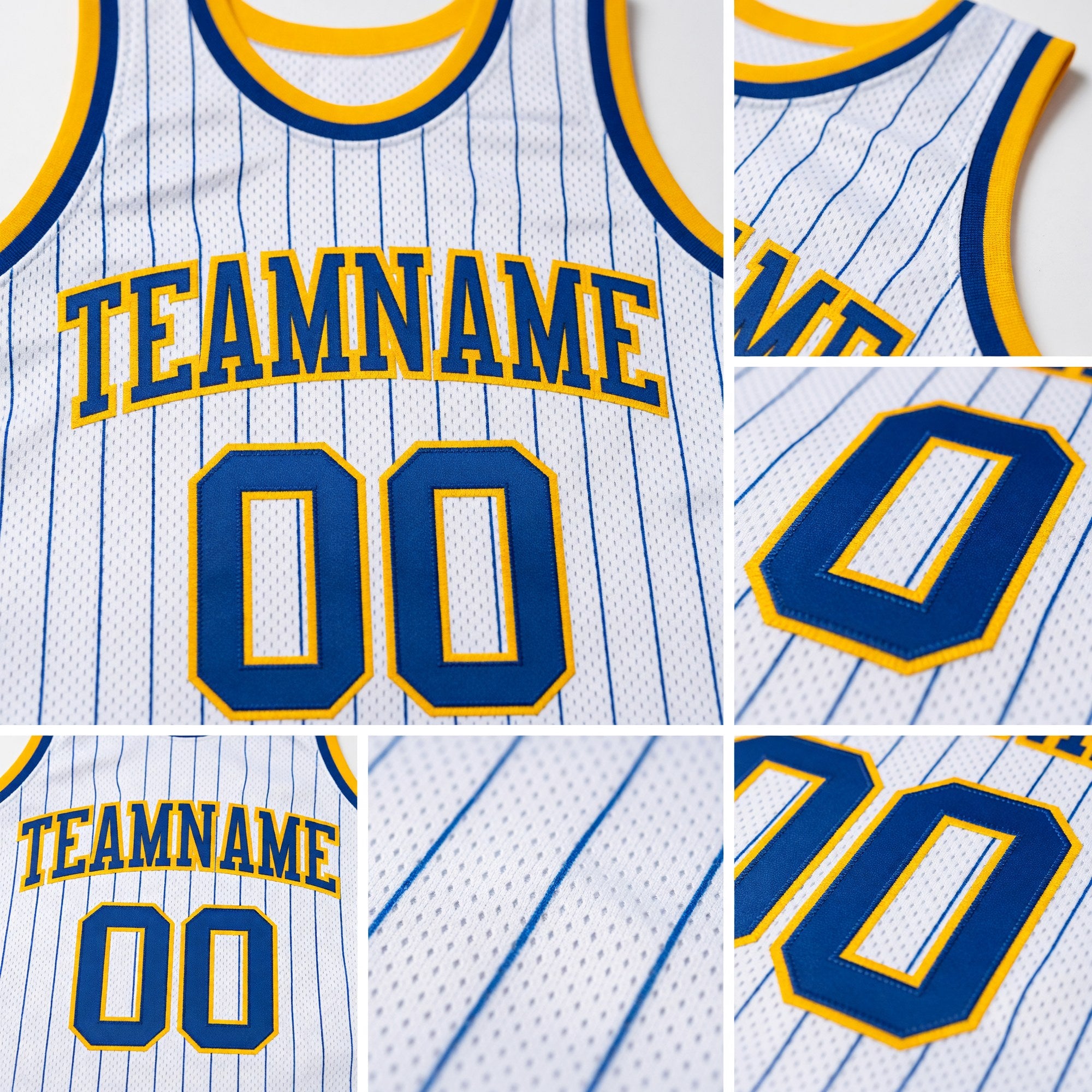 Custom White Royal Pinstripe Royal-Gold Authentic Basketball Jersey detail