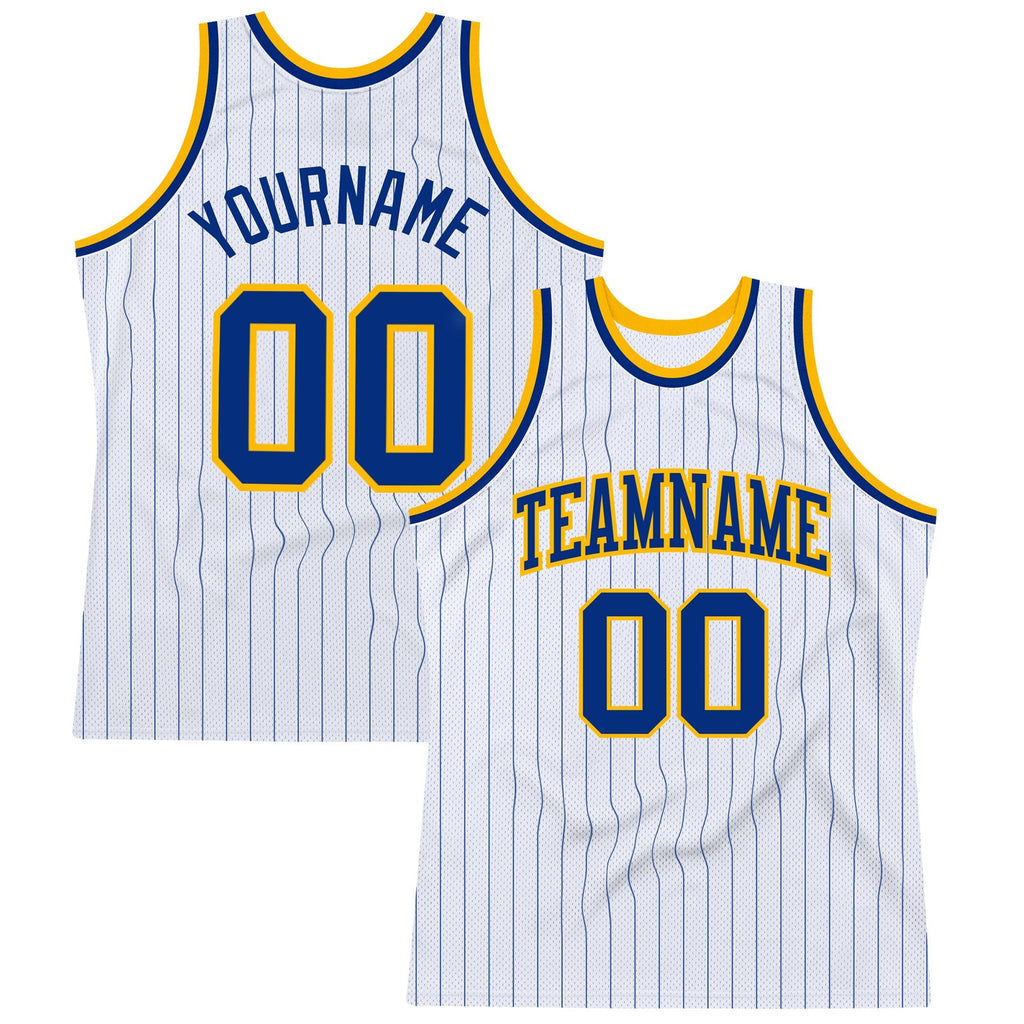 Custom White Royal Pinstripe Royal-Gold Authentic Basketball Jersey photo 1