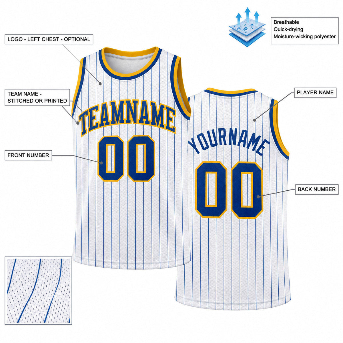 Custom White and Royal Pinstripe Authentic Basketball Jersey with Royal and Gold Lettering customization guide