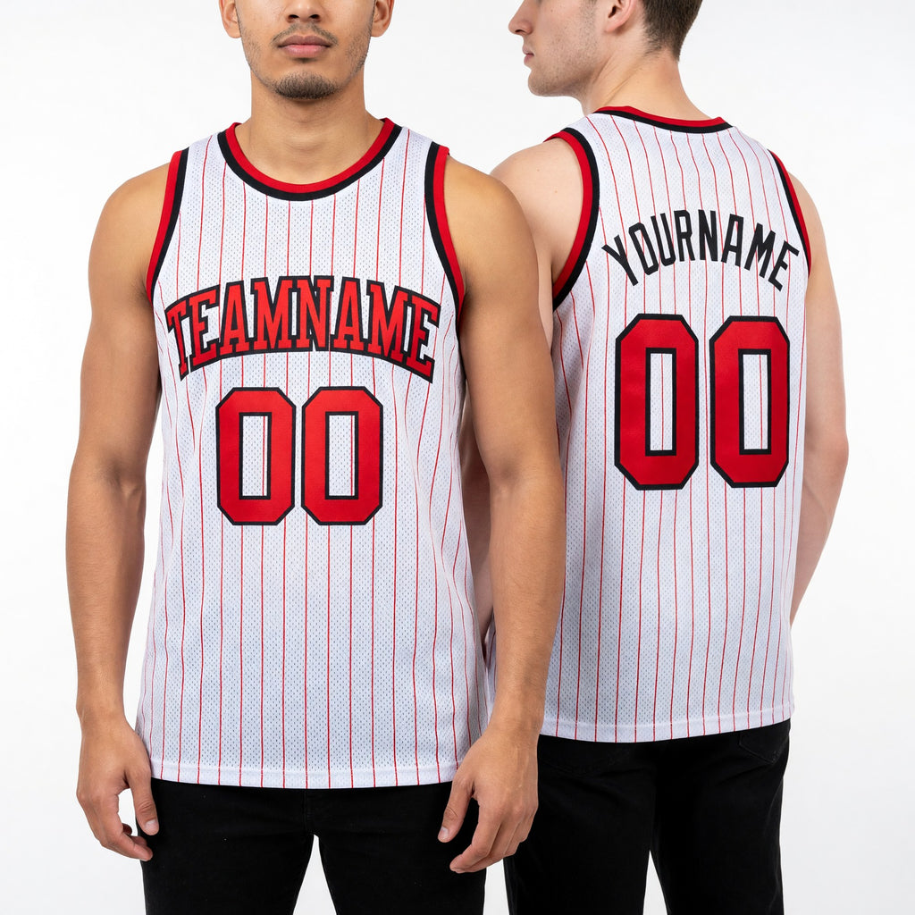 Custom White Red Pinstripe Red-Black Authentic Basketball Jersey worn front and back