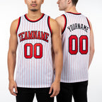Custom White Red Pinstripe Red-Black Authentic Basketball Jersey worn front and back