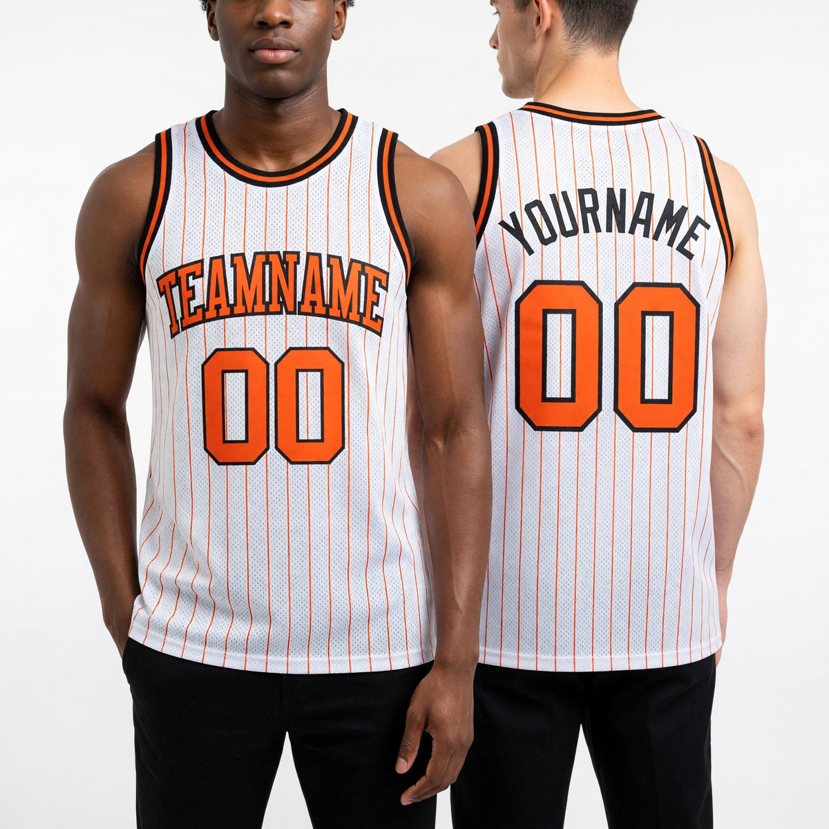 Custom White Orange Pinstripe Orange-Black Authentic Basketball Jersey worn front and back