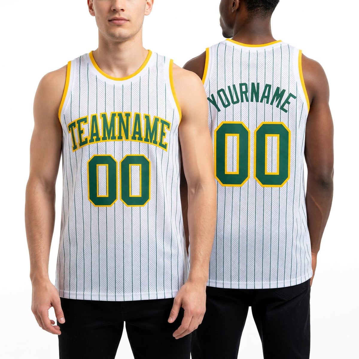Custom White Kelly Green Pinstripe Kelly Green-Gold Authentic Basketball Jersey worn front and back