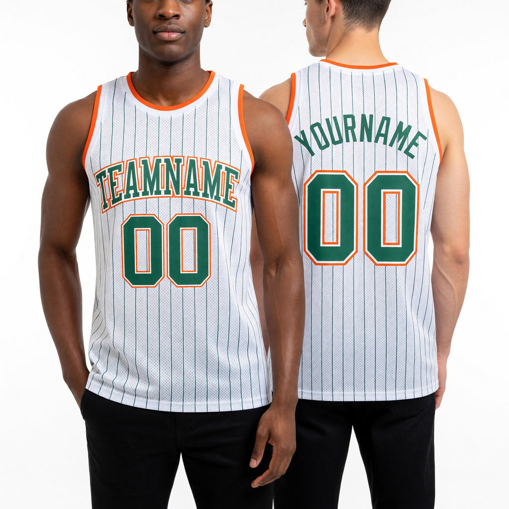 Custom White Kelly Green Pinstripe Kelly Green-Orange Authentic Basketball Jersey worn front and back