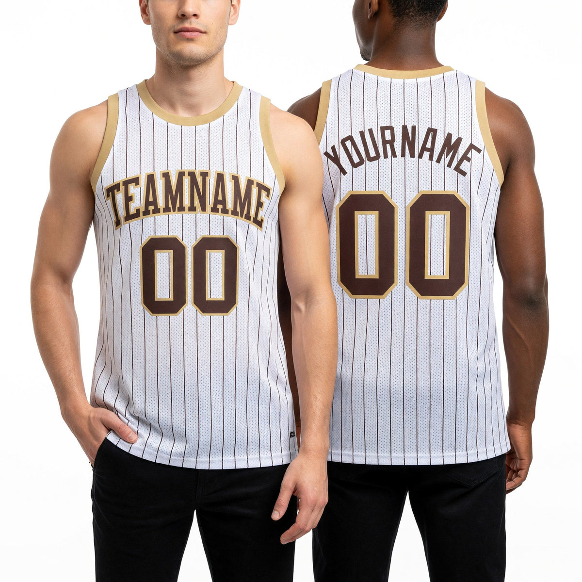 Custom White Brown Pinstripe Brown-Old Gold Authentic Basketball Jersey worn front and back
