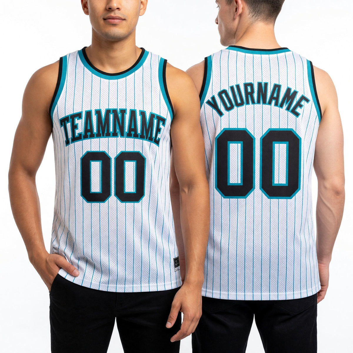 Custom White Teal Pinstripe Black Authentic Basketball Jersey worn front and back