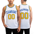 Custom White Gold-Royal Authentic Throwback Basketball Jersey worn front and back