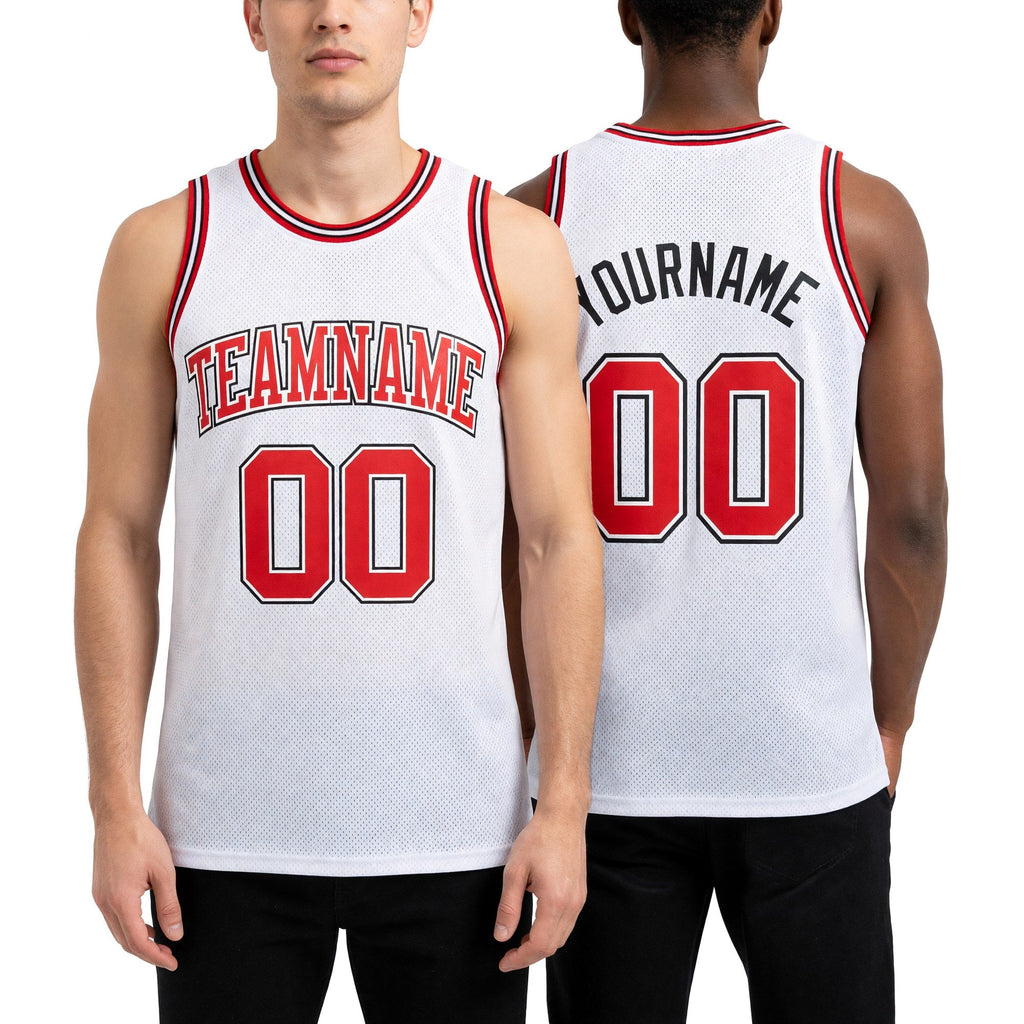 Custom White Red-Black Authentic Throwback Basketball Jersey worn front and back