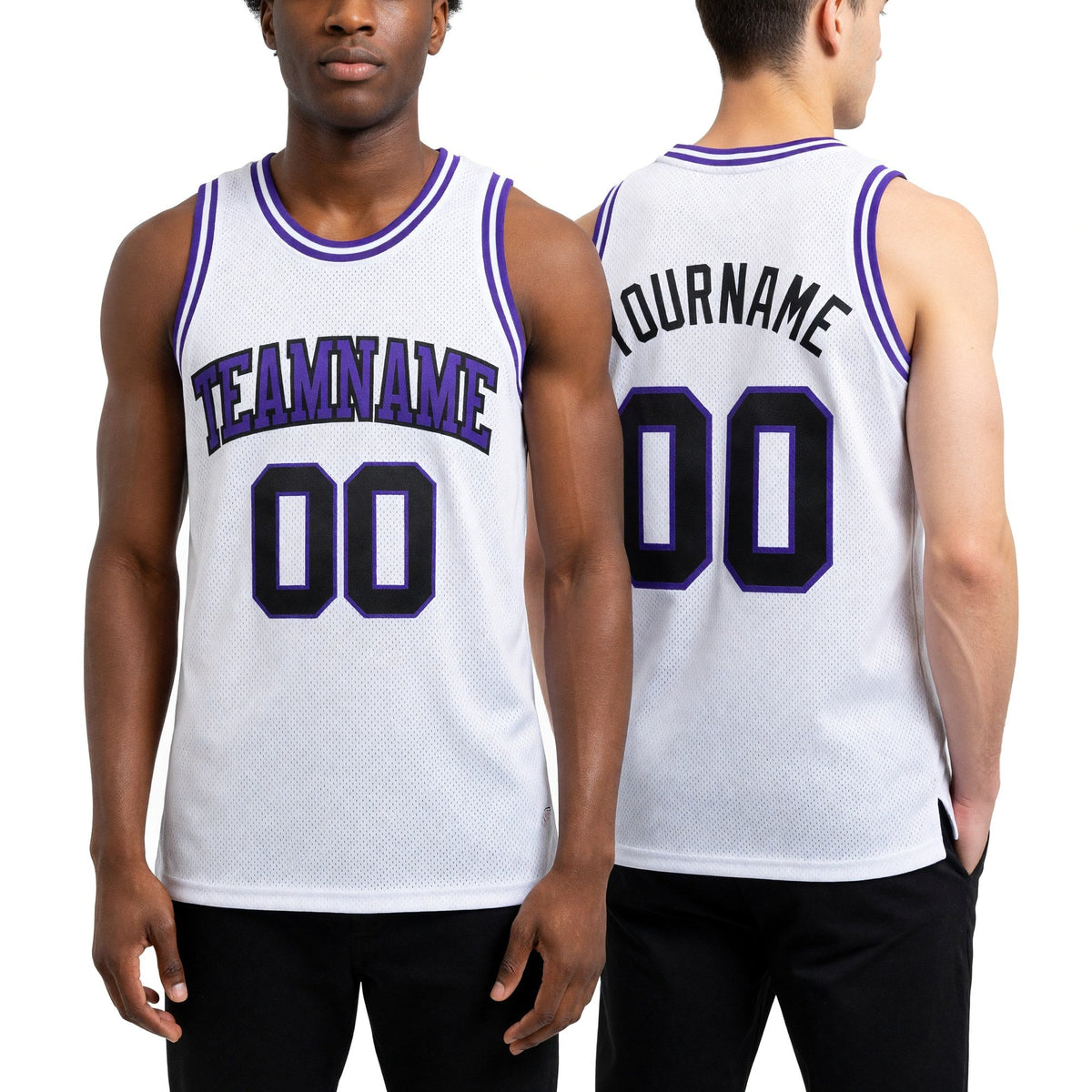 Custom White Black-Purple Authentic Throwback Basketball Jersey worn front and back