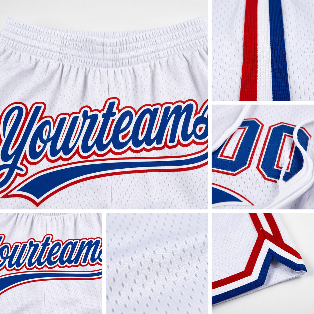 Custom White Royal-Red Authentic Throwback Basketball Shorts detail