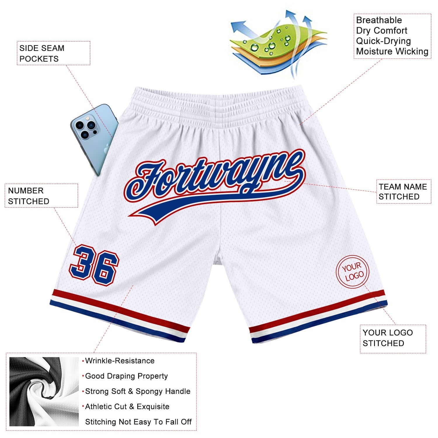 Custom White Royal-Red Authentic Throwback Basketball Shorts photo 2