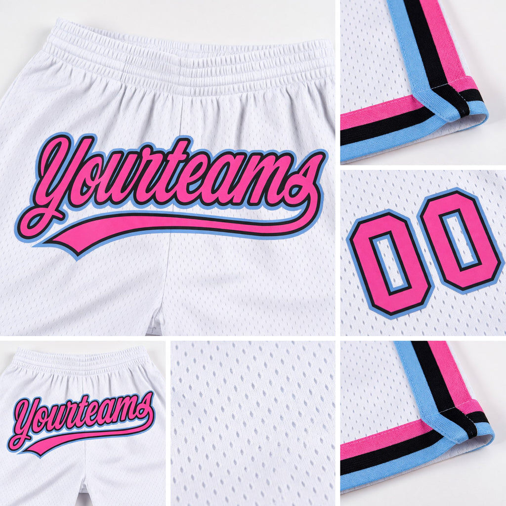 Custom White Pink Black-Light Blue Authentic Throwback Basketball Shorts detail