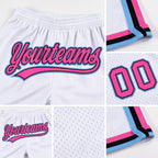 Custom White Pink Black-Light Blue Authentic Throwback Basketball Shorts detail