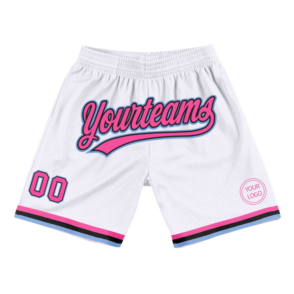 Custom White Pink Black-Light Blue Authentic Throwback Basketball Shorts photo 1