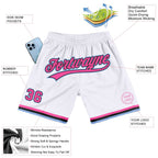 Custom White Pink Black-Light Blue Authentic Throwback Basketball Shorts photo 2