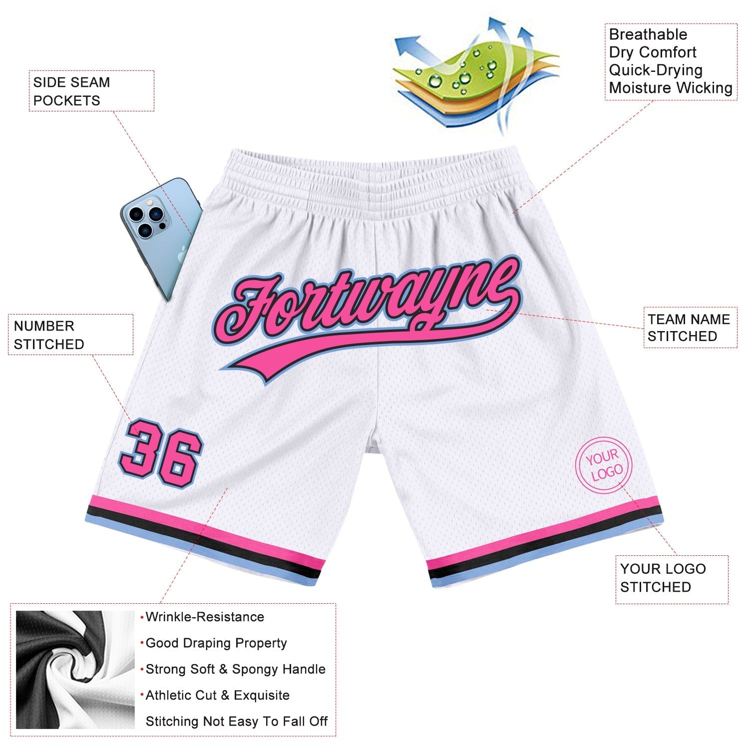 Custom White Pink Black-Light Blue Authentic Throwback Basketball Shorts photo 2