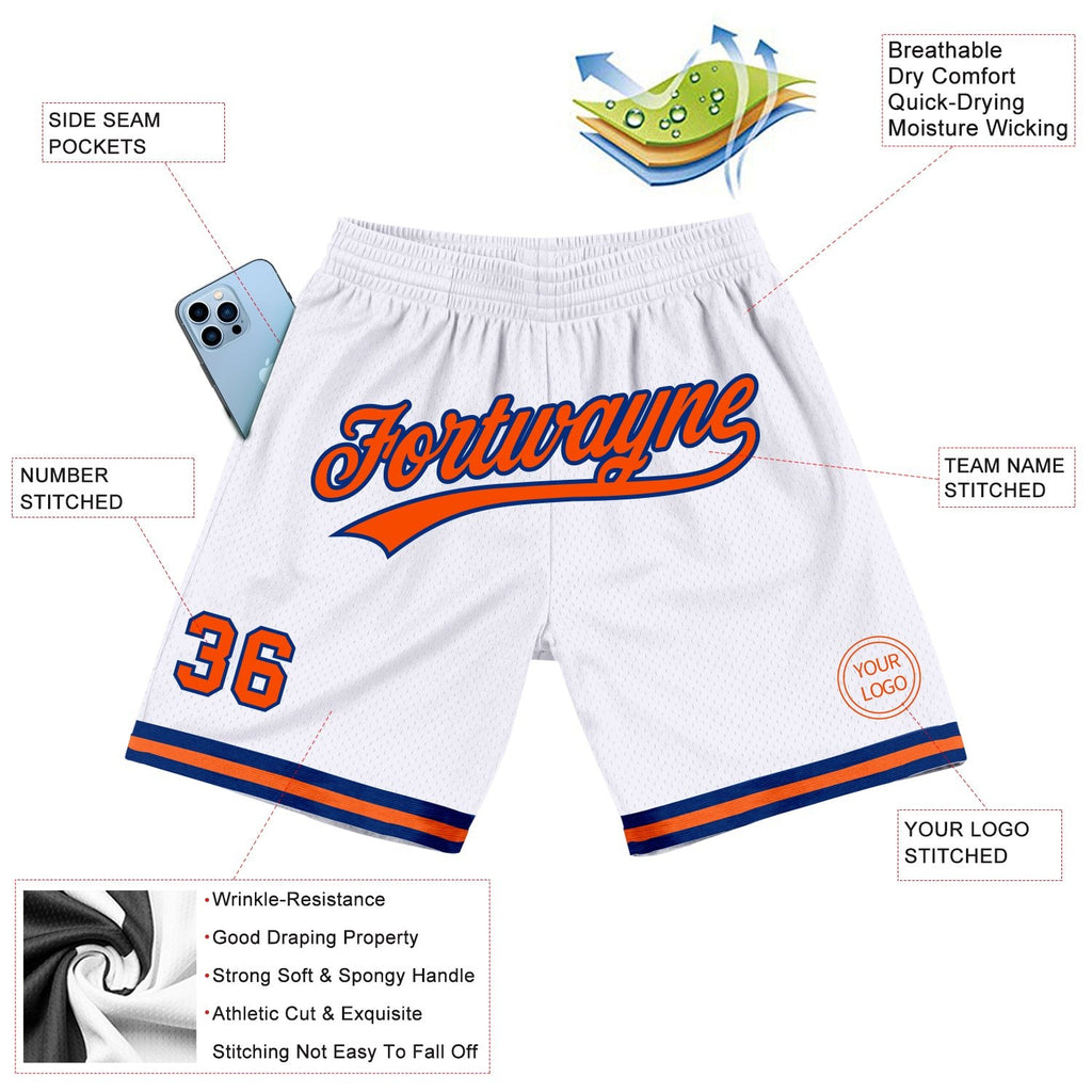 Custom White Orange-Royal Authentic Throwback Basketball Shorts photo 2