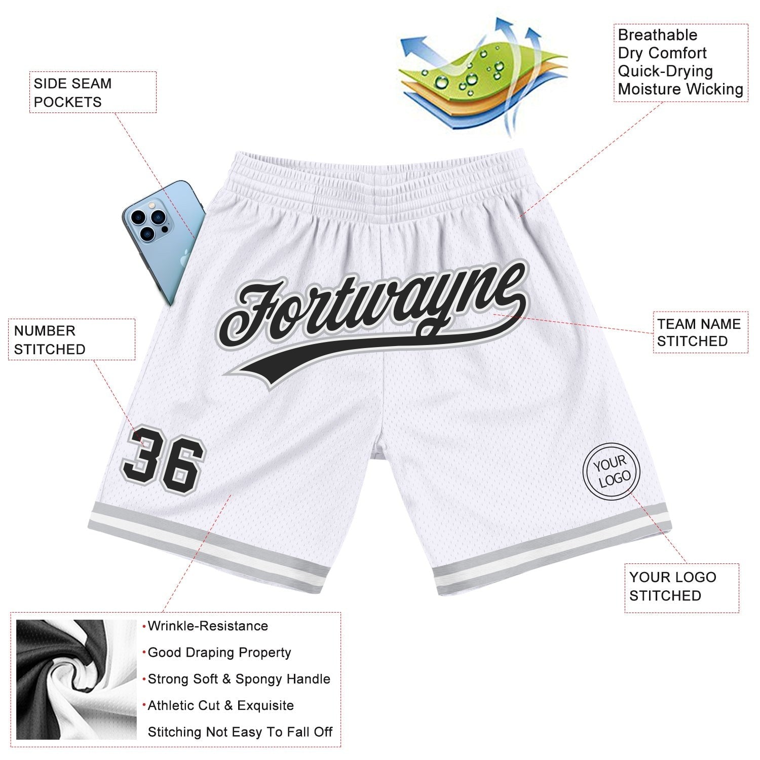 Custom White Black-Gray Authentic Throwback Basketball Shorts photo 2