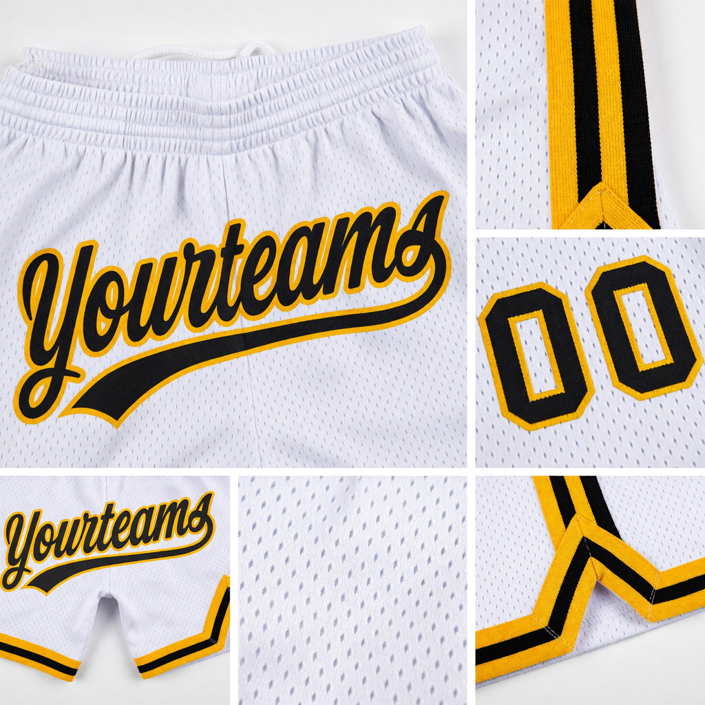 Custom White Black-Gold Authentic Throwback Basketball Shorts detail